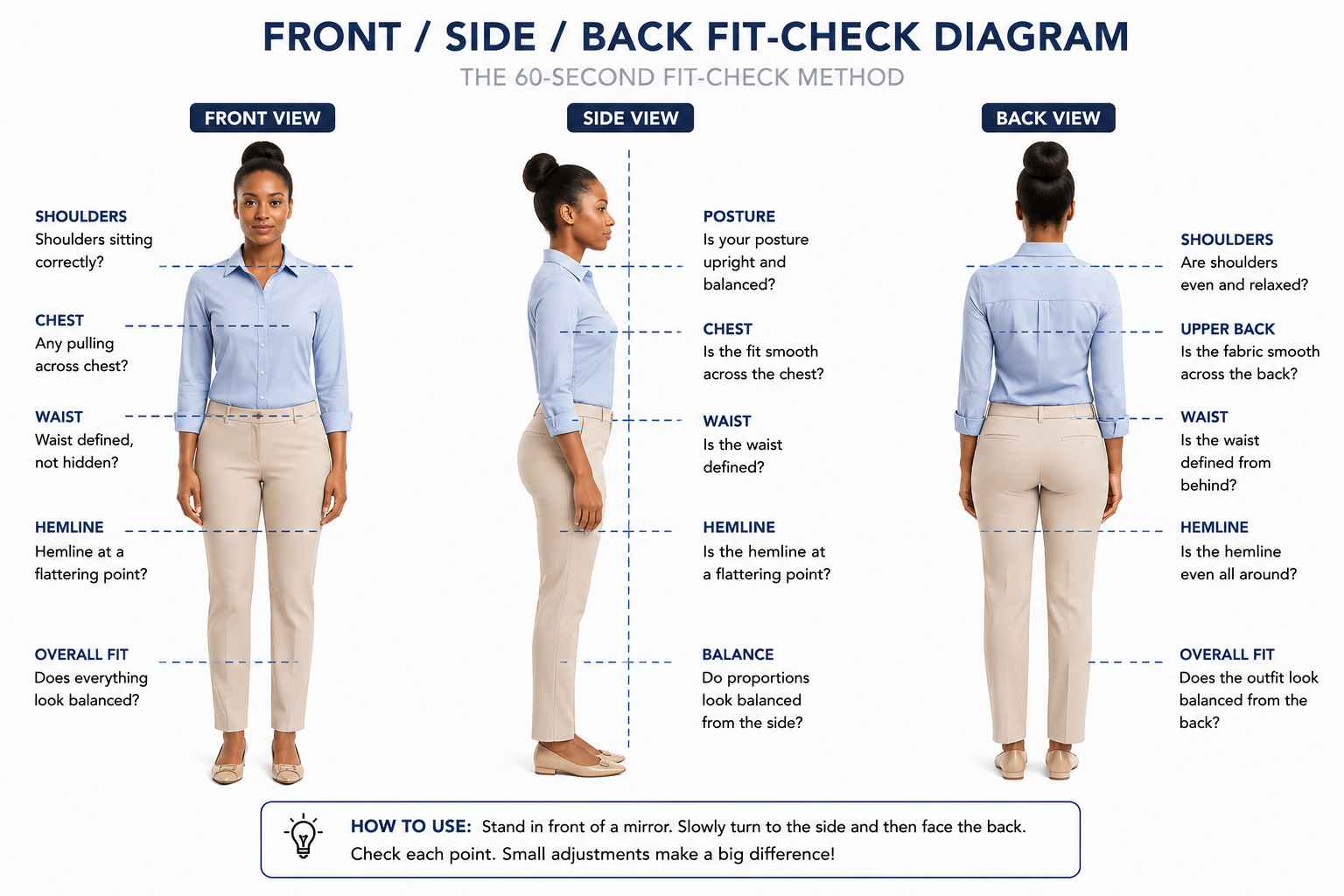 Front, side, back fit-check diagram